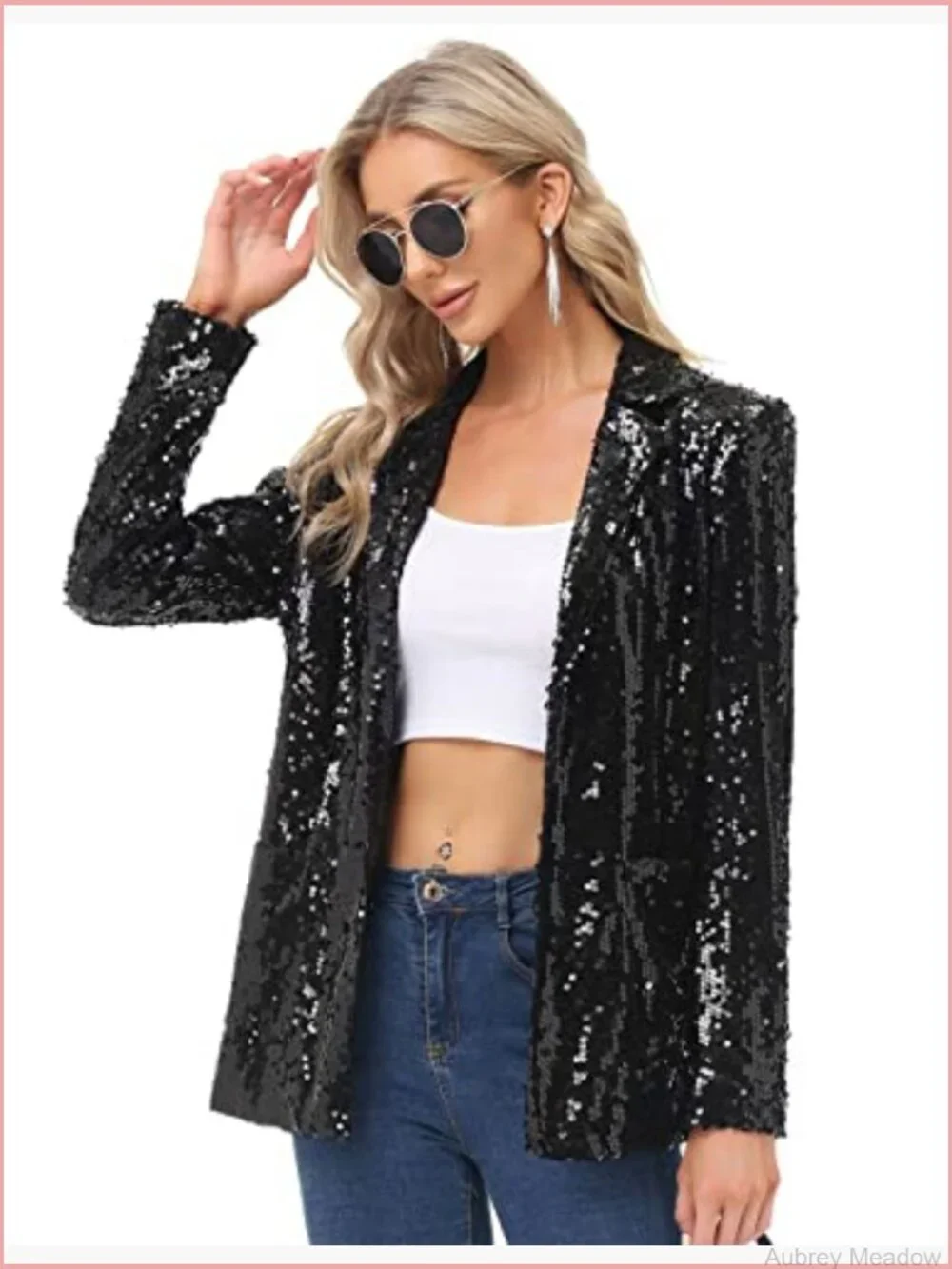 Sequin Open Front Blazer Jacket Long Sleeve Sparkly Cardigan Coat with Pockets